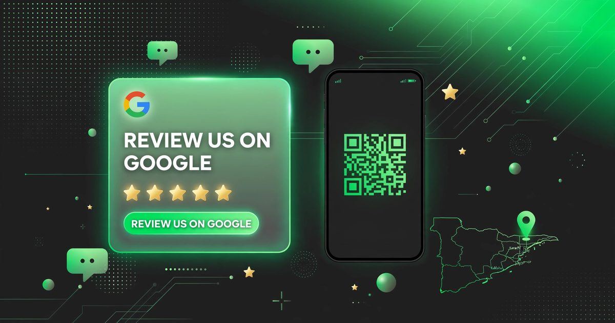 Get Google reviews Karachi: 5-star Google review card with QR code visual