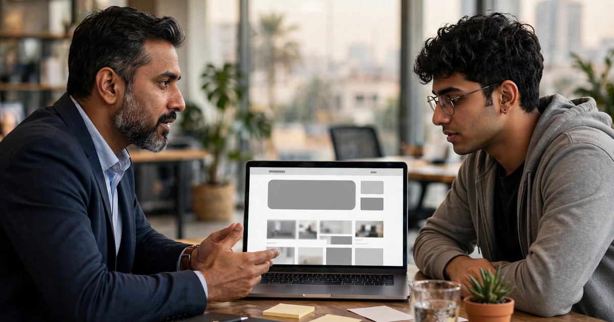 Karachi business owner meeting a web developer to hire web developer pakistan talent on a laptop