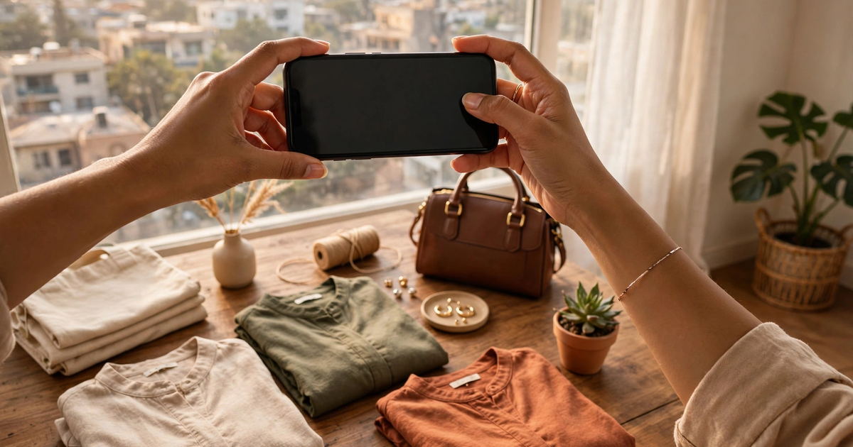 Karachi seller tagging products for their instagram shop pakistan store on a smartphone