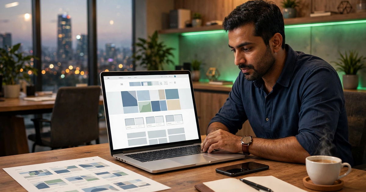 Business owner comparing a landing page vs website on a laptop before choosing