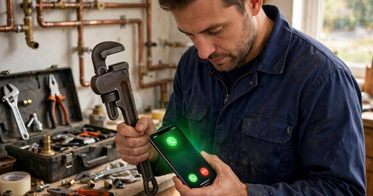 Plumber checking job calls from Google Ads on phone