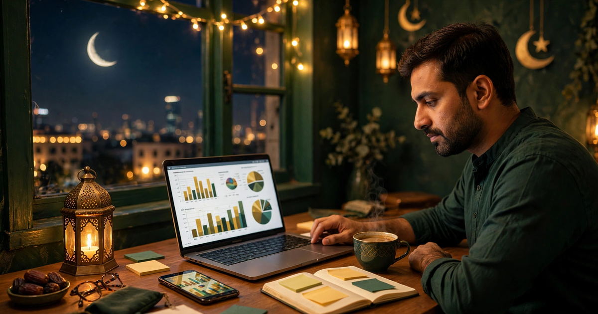 Karachi business owner planning ramadan marketing pakistan ad campaigns on a laptop at night