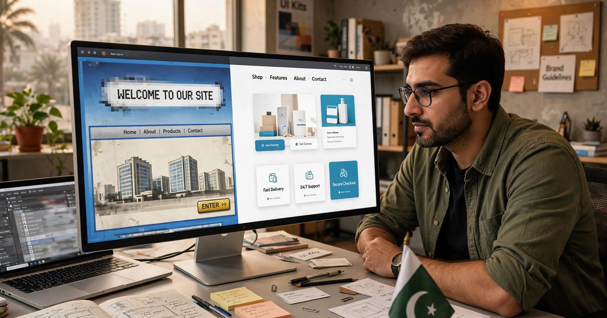 Karachi web designer comparing an old website with a new website redesign karachi mockup on a monitor