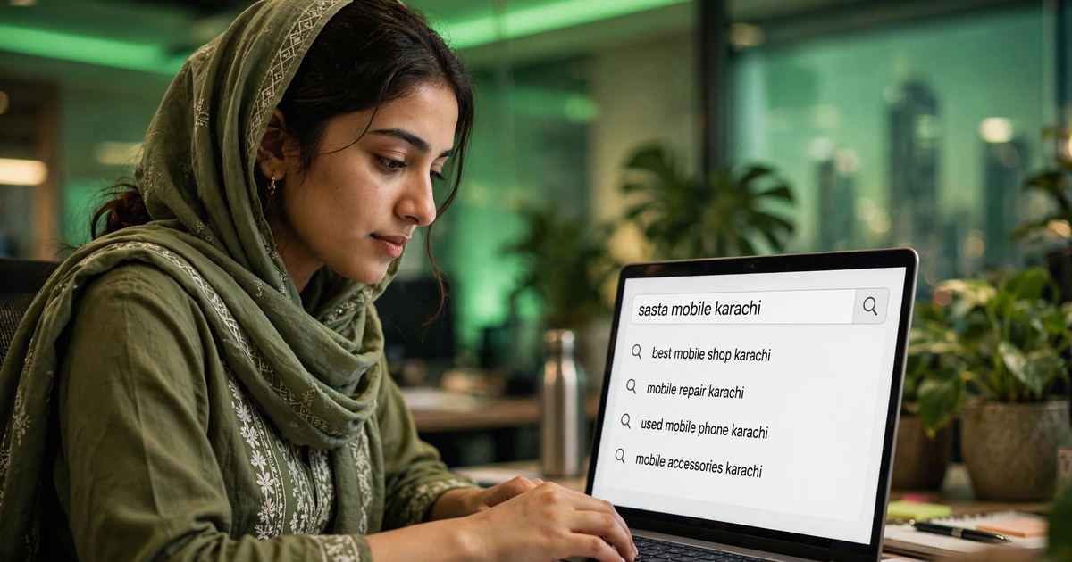 Karachi SEO writer researching roman urdu seo keywords on a laptop