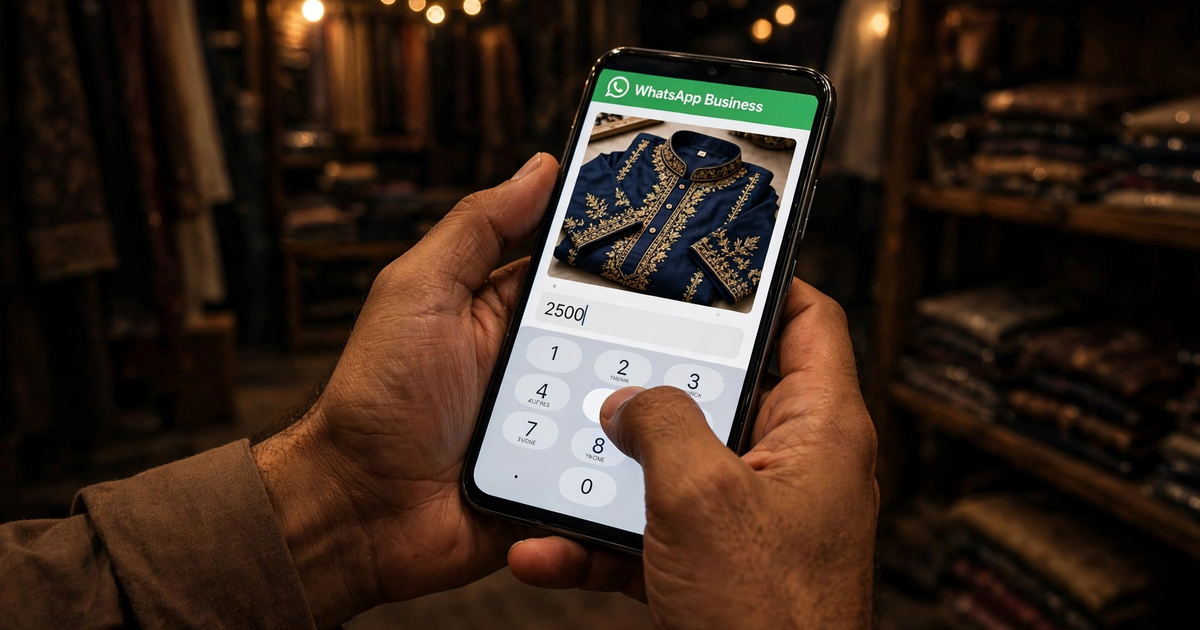 Karachi shop owner adding products to their whatsapp catalog pakistan storefront on a smartphone